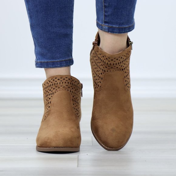 Tan Round Toe Low Heel Ankle Boots Faux Suede Lacer Cut Design - Picture 8 of 12